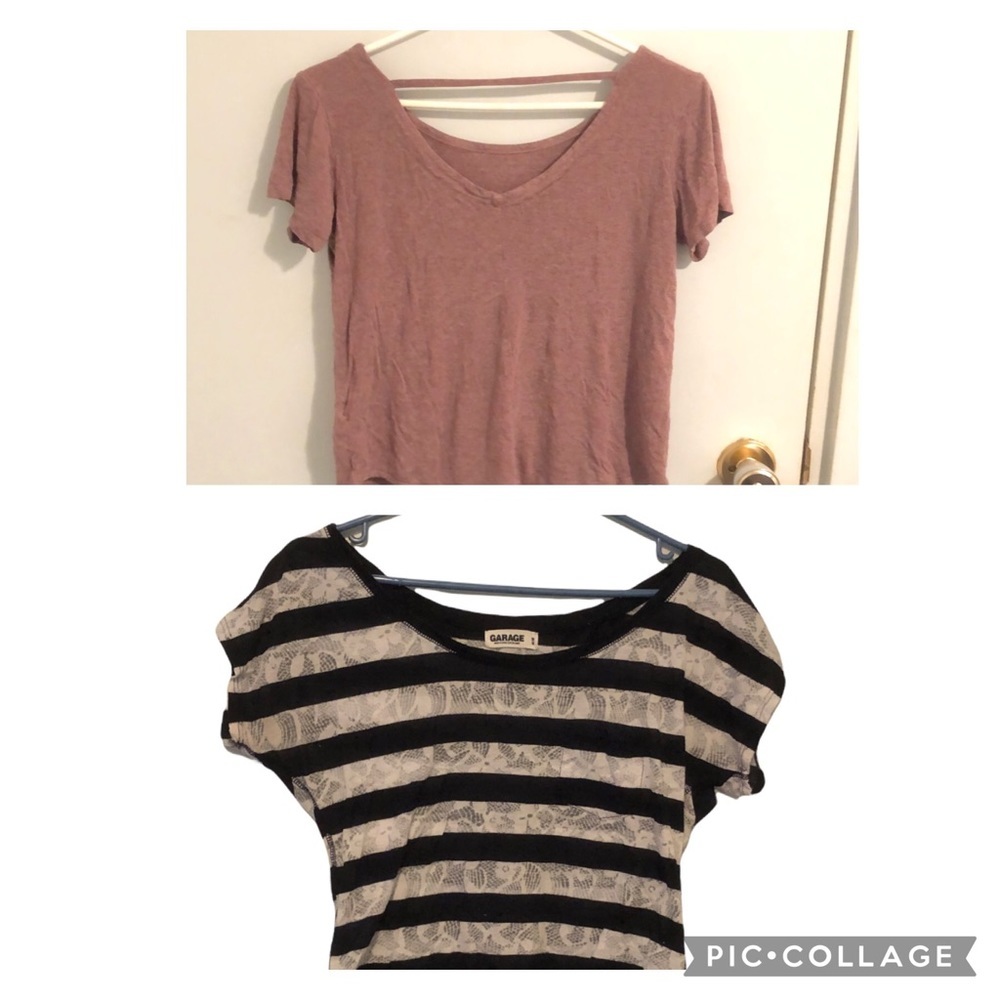 Bundle of 2 Crop Tops: Dynamite Open V-Back T-shirt & Garage Striped Lace Top​